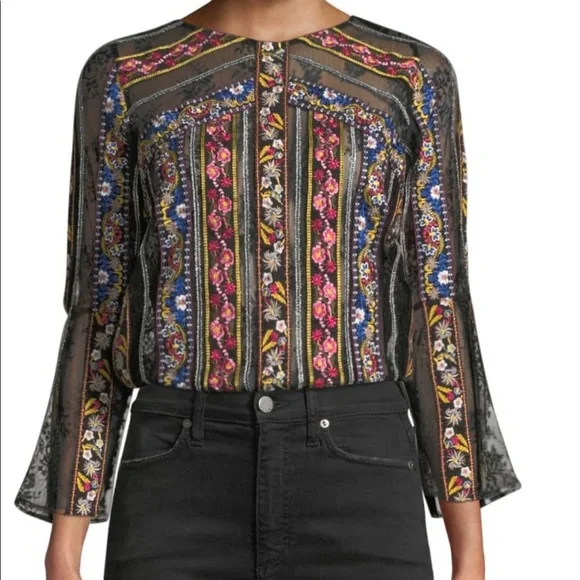 Alice + Olivia Larue Embroidered Slit-Sleeve Tip size XS - Picture 1 of 3